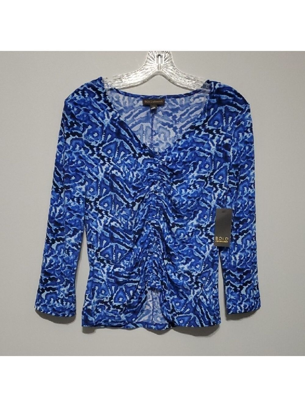 Bold Elements Top Women's Sz Medium Blue Coastal Artsy Ruched Abstract Pattern